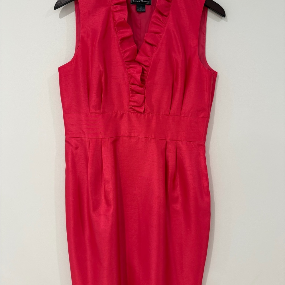 Jessica Howard Ruffle V-Neck Sheath Dress in Bright Pink